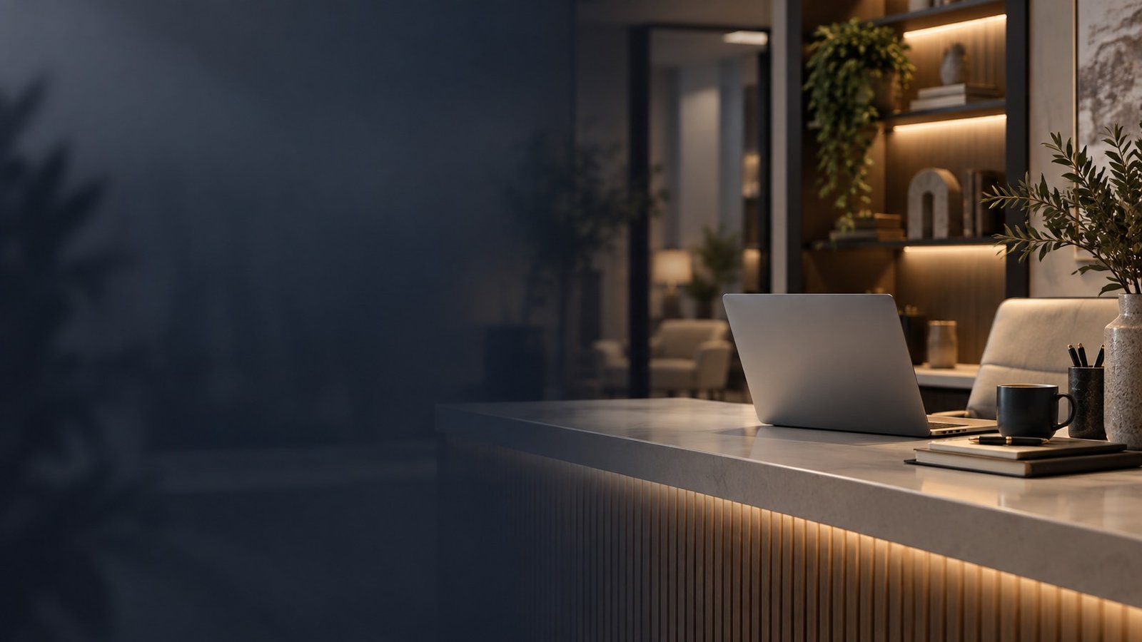 A reception desk after hours, a laptop open on the stone counter under warm shelf lighting