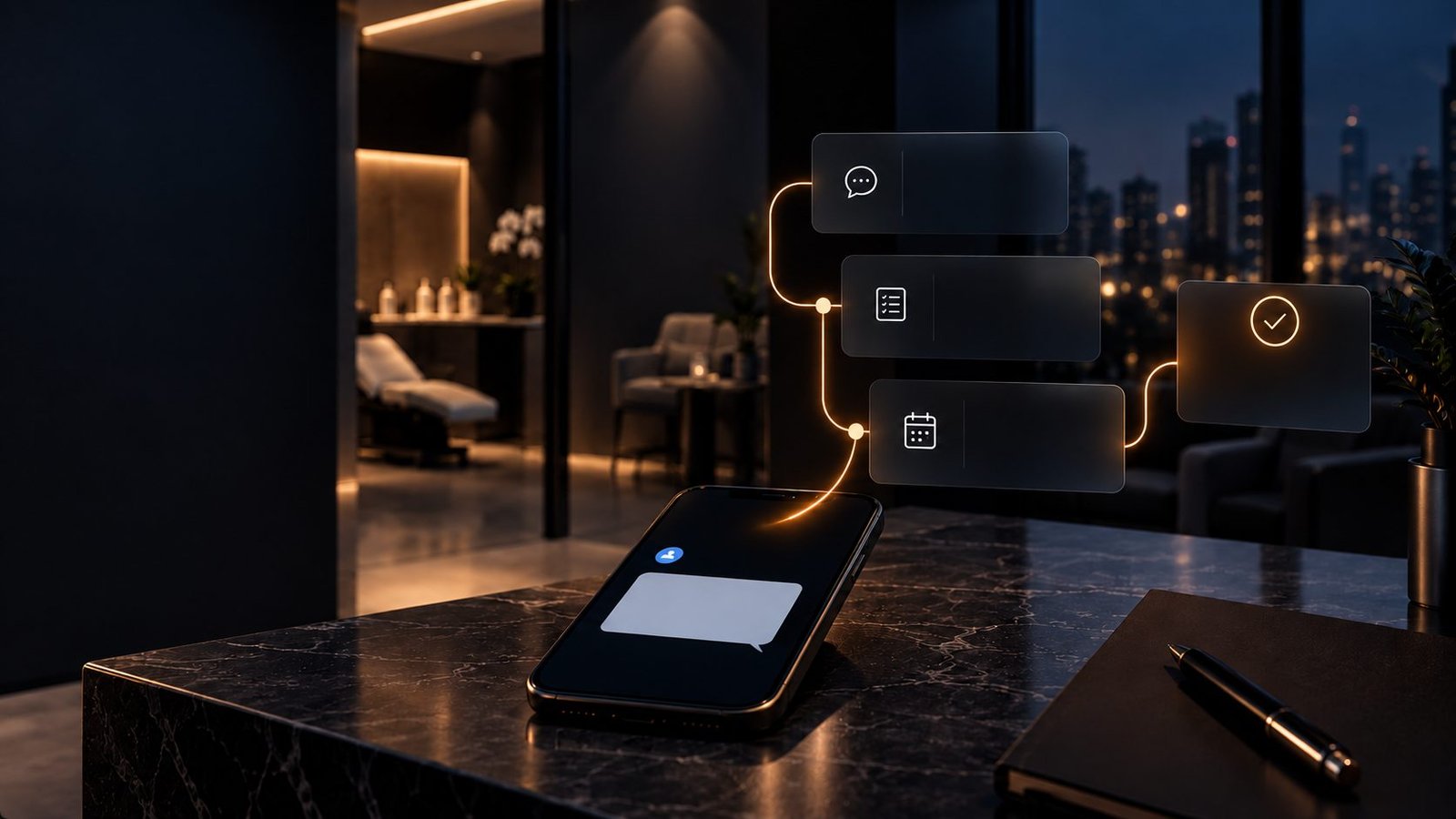 A phone on a reception counter at night as a new inquiry arrives, with the three steps KlinIQ runs floating beside it