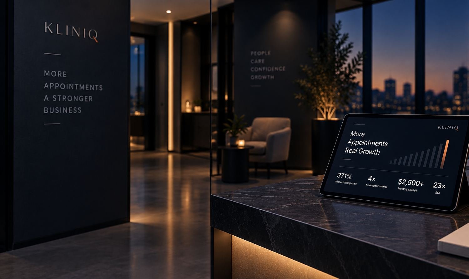 A reception at dusk, a tablet on the counter showing booking and growth figures